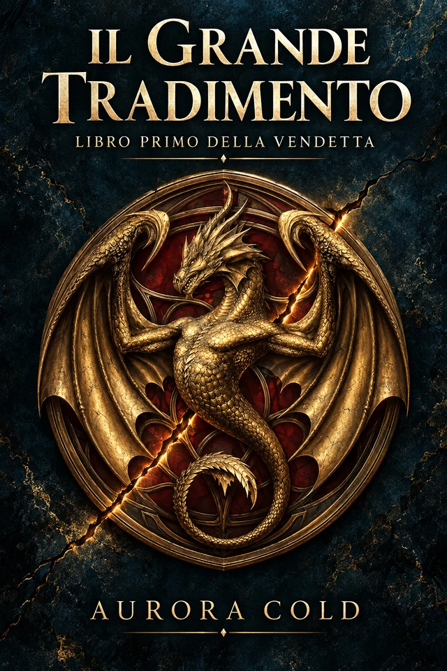 Il Grande Tradimento di Aurora Cold: il medaglione del drago attraversato da una frattura luminosa, su fondo scuro e oro.