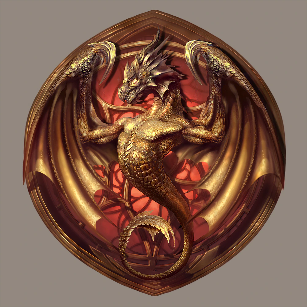 The original dragon emblem, in worked gold against deep crimson.